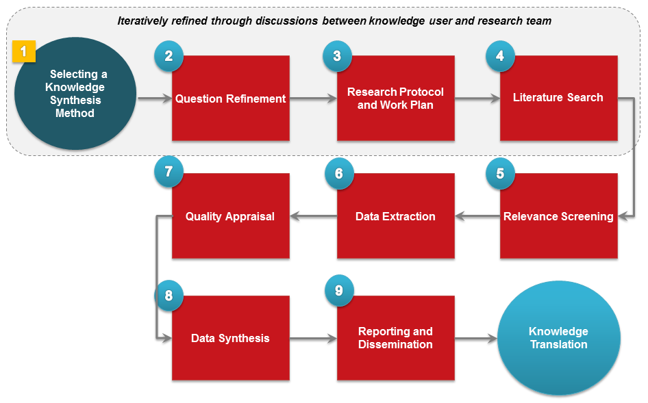 Flowchart showing the knowledge synthesis process, with numbered steps from selecting a method, refining the question, creating a protocol and work plan, conducting a literature search and screening, extracting data, appraising quality, synthesizing data, and reporting/disseminating results leading to knowledge translation.
